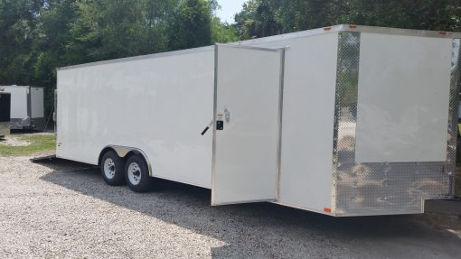 8.5x24 TA Trailer - White, Ramp, Side Door, 5K Axles, D-Rings