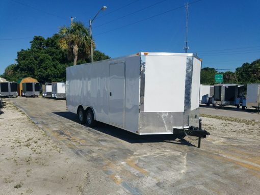 8.5x20 TA Trailer - White, Ramp, Side Door, D-Rings, 5K Axles, and Radials