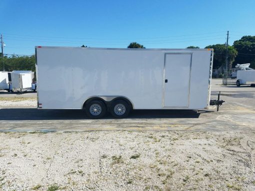 8.5x20 TA Trailer - White, Ramp, Side Door, D-Rings, 5K Axles, and Radials