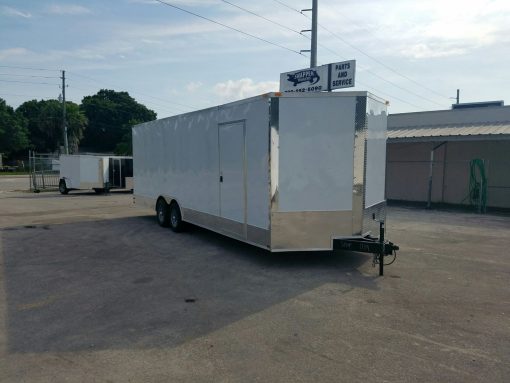 8.5x24 TA Trailer - White, Ramp, Side Door, D-Rings, 5K Axles, Extra Height, and Radials