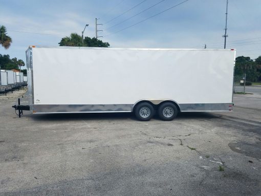 8.5x24 TA Trailer - White, Ramp, Side Door, D-Rings, 5K Axles, Extra Height, and Radials