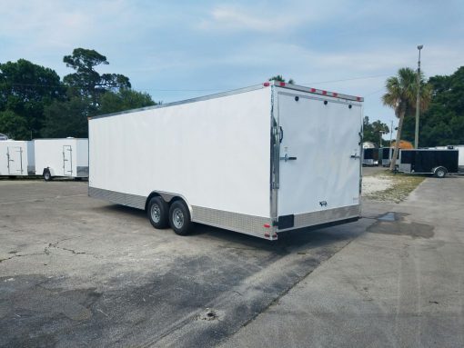 8.5x24 TA Trailer - White, Ramp, Side Door, D-Rings, 5K Axles, Extra Height, and Radials