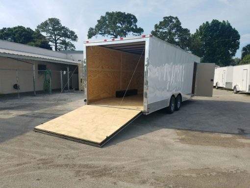 8.5x24 TA Trailer - White, Ramp, Side Door, D-Rings, 5K Axles, Extra Height, and Radials