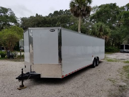 8.5x28 TA Trailer - White, Ramp, Side Door, D-Rings, 5K Axles