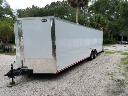 8.5x28 TA Trailer - White, Ramp, Side Door, D-Rings, 5K Axles