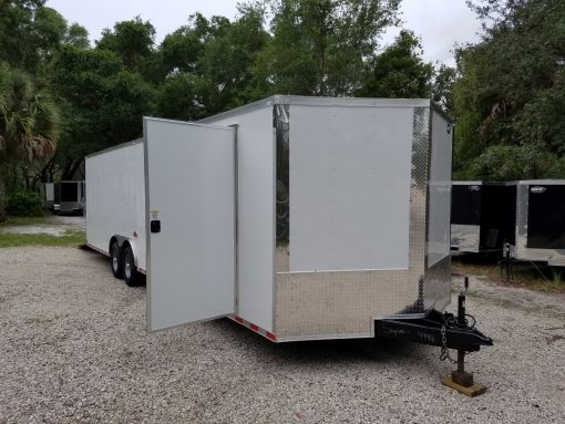 8.5x28 TA Trailer - White, Ramp, Side Door, D-Rings, 5K Axles