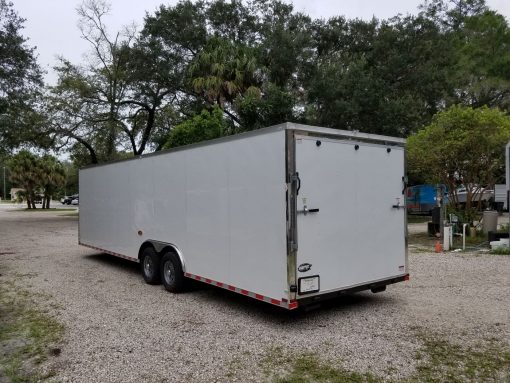 8.5x28 TA Trailer - White, Ramp, Side Door, D-Rings, 5K Axles