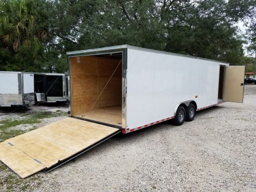 8.5x28 TA Trailer - White, Ramp, Side Door, D-Rings, 5K Axles