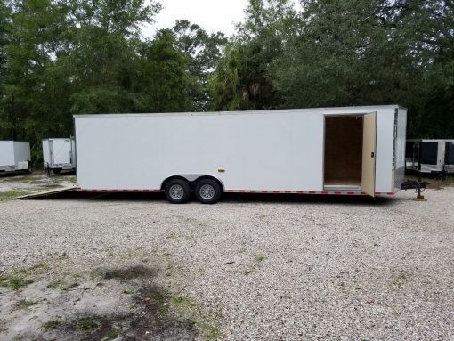 8.5x28 TA Trailer - White, Ramp, Side Door, D-Rings, 5K Axles