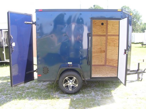 6x8 SA Trailer - Blue, Double Barn Doors, Side Door, Blackout Package, Extra Height, Stabilizer Jacks