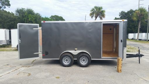 7x14 TA Trailer - Charcoal Gray, Double Doors, Side Door, Flat Front