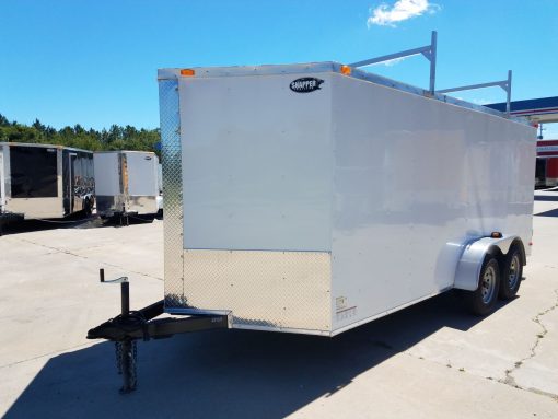 7x16 TA Trailer - White, Double Barn Doors, Side Door, Ladder Racks, Bias