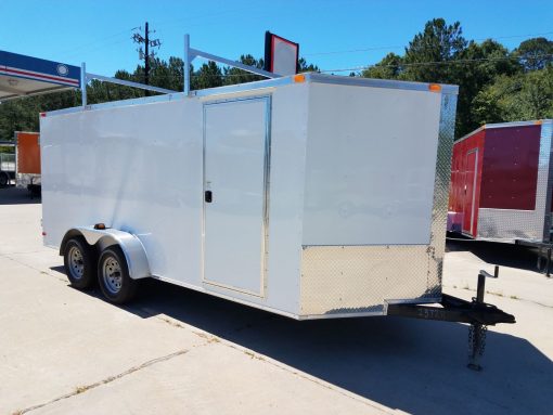 7x16 TA Trailer - White, Double Barn Doors, Side Door, Ladder Racks, Bias